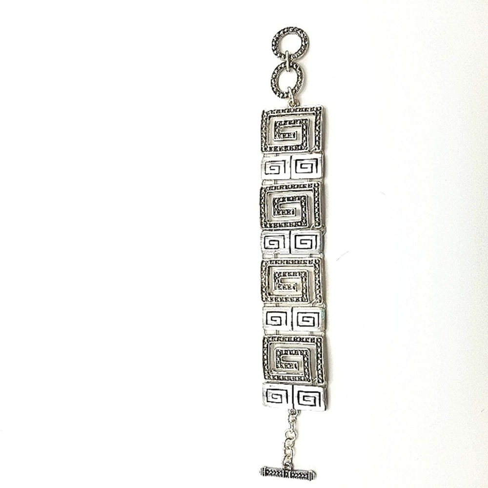 Greek Keysquare Bracelet Chunky Silvertone & Black Spiral Link T-Bar Closure - Picture 12 of 14